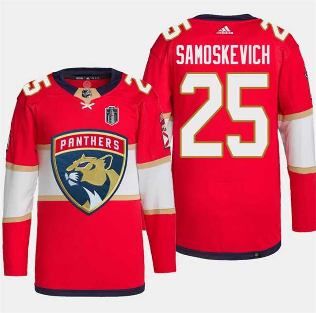 Mens Florida Panthers #25 Mackie Samoskevich Red 2024 Stanley Cup Final Patch Stitched Jersey Dzhi->florida panthers->NHL Jersey